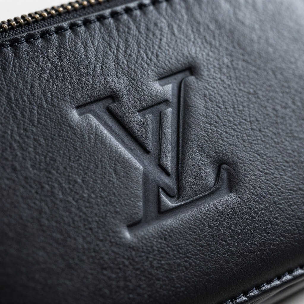 Close-up of embossed brand logo on leather shoulder bag