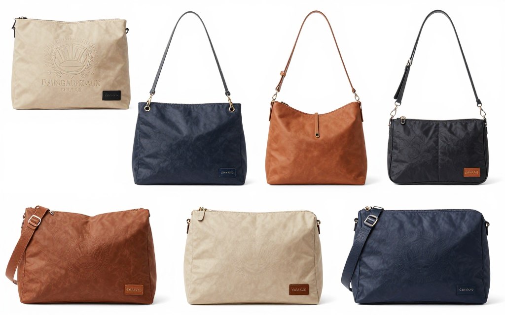 Custom branded shoulder bags showing various logo placement and branding techniques