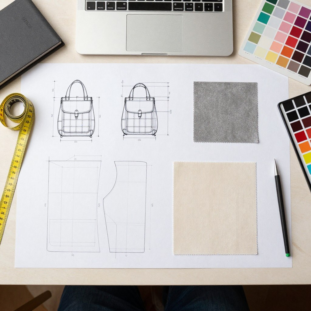 Technical bag design sketches and pattern development for shoulder bag manufacturing
