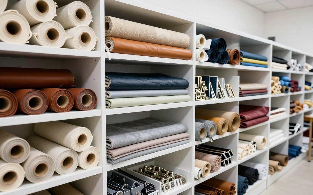 Various bag materials including leather, canvas, and eco-friendly fabrics for shoulder bag production